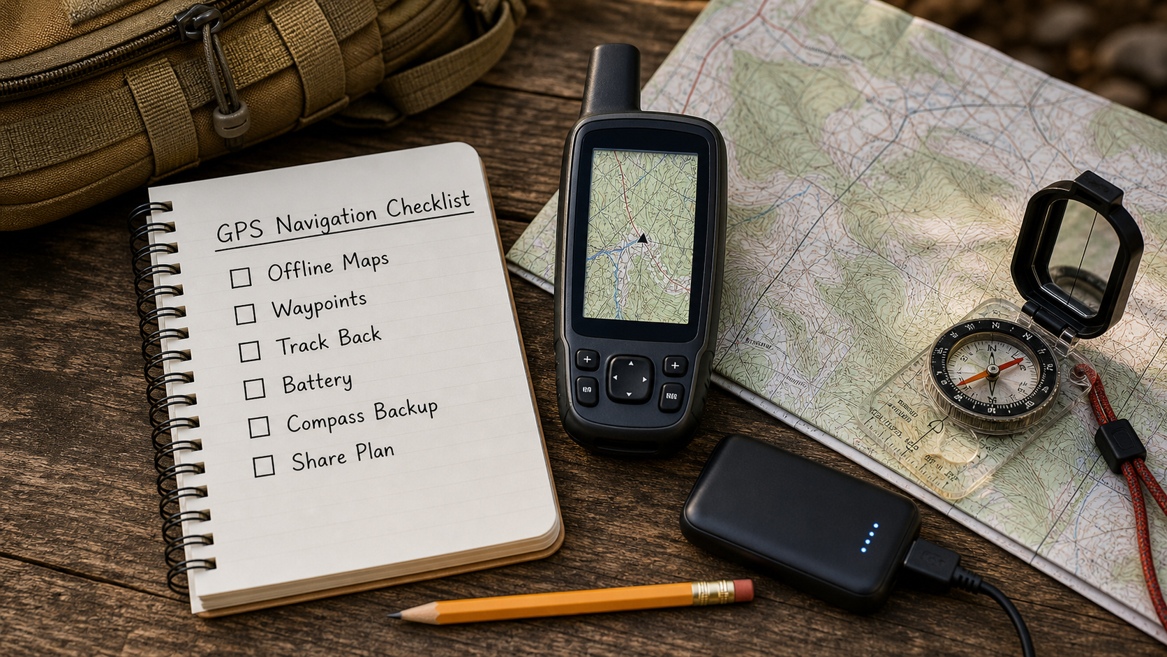 Hunting GPS navigation checklist with offline maps waypoints track back battery compass backup and share plan