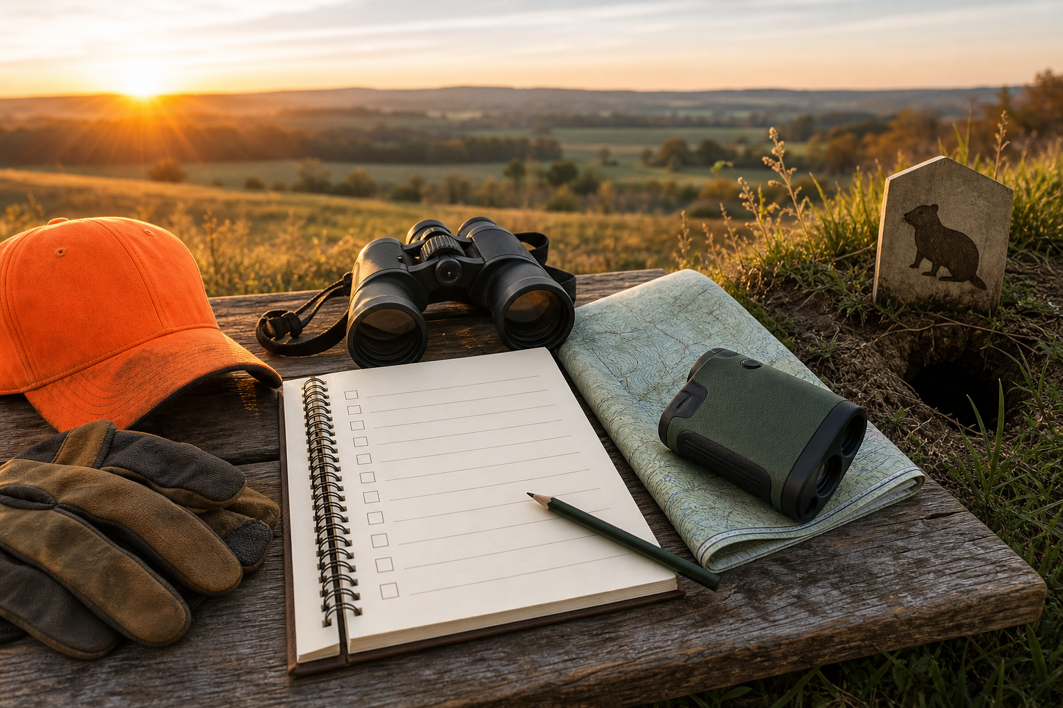Groundhog hunting field checklist with map binoculars safety gear and range notes