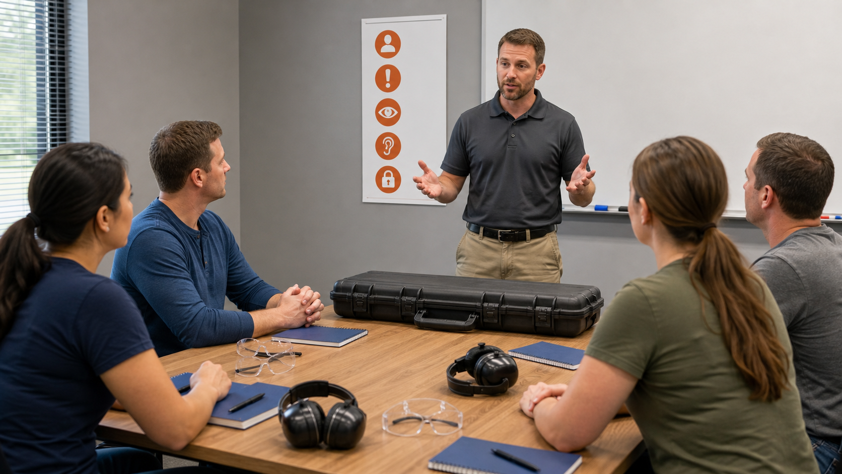 Firearm safety course instructor teaching adults with eye and ear protection on a classroom table
