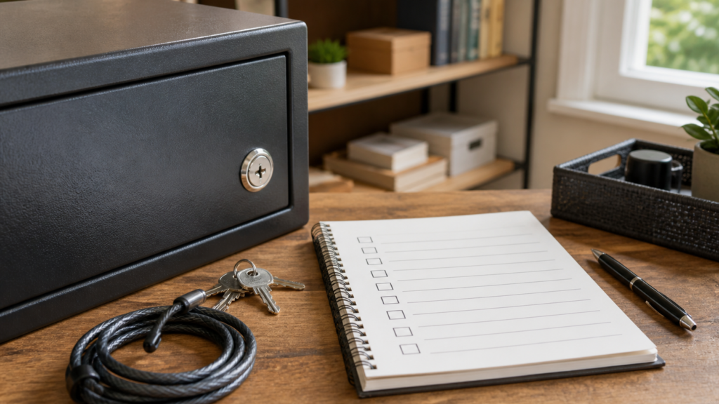 Gun storage safety checklist with lockbox, keys, cable lock, and unchecked notebook boxes