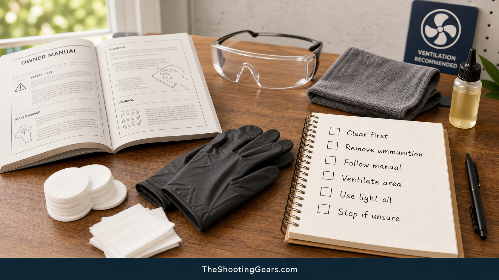 Handgun cleaning safety checklist with owner manual, safety glasses, gloves, cloth, and empty checklist boxes