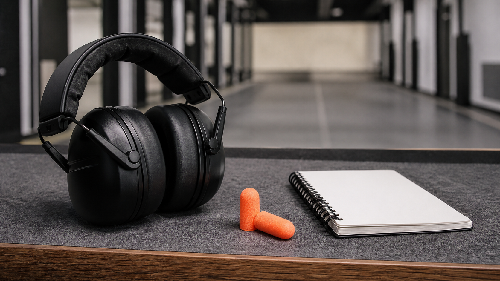 Earplugs and earmuffs prepared for double hearing protection at an indoor shooting range