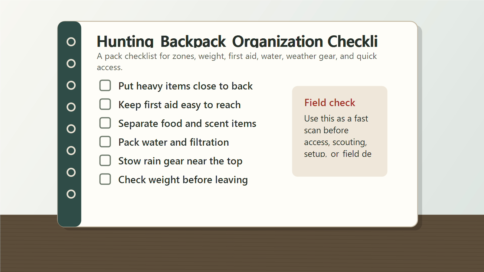 Hunting backpack organization checklist covering pack zones, heavy items, first aid, food and scent separation, water filtration, rain gear, and weight check