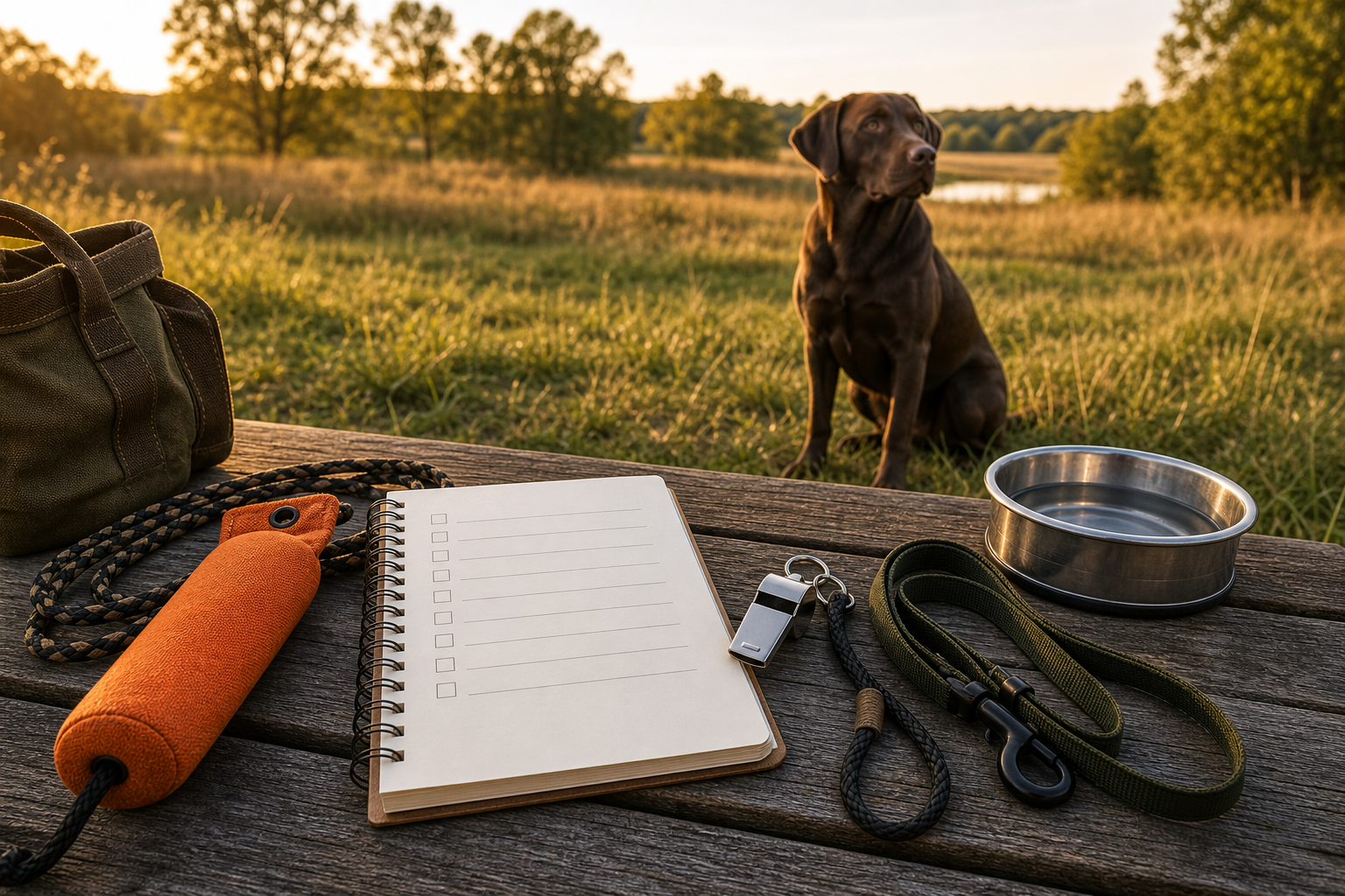 Hunting dog training checklist with whistle check cord bumper leash and calm dog in field