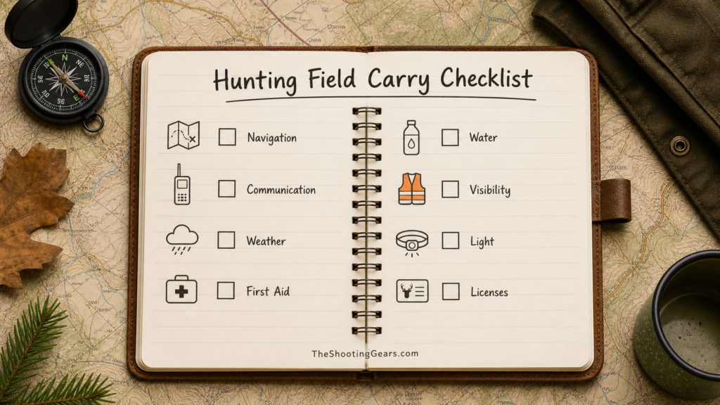 Hunting field carry checklist with navigation, communication, weather, first aid, water, visibility, light, and licenses
