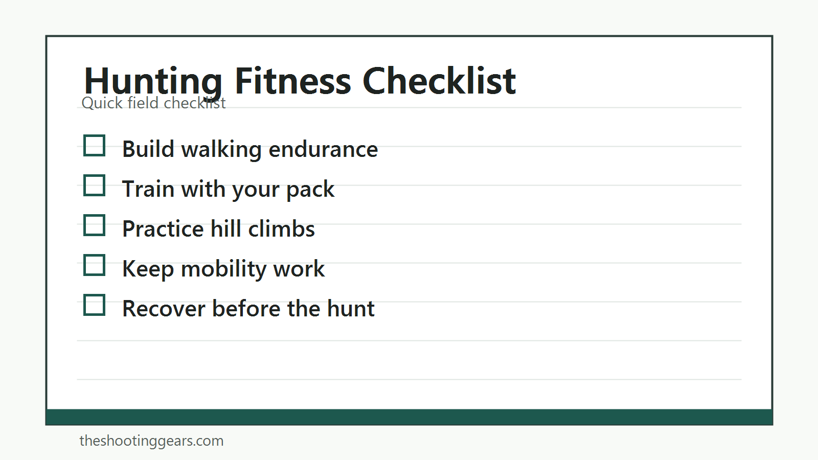Checklist for hunting fitness, walking endurance, pack training, mobility, and recovery
