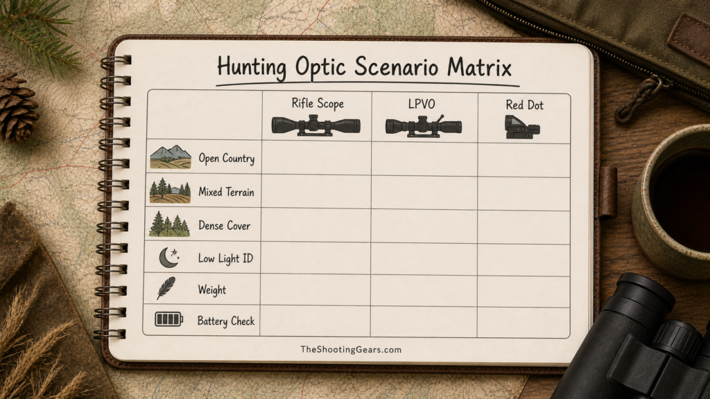 Hunting optic scenario matrix comparing rifle scope, LPVO, and red dot by terrain, low light, weight, and battery checks