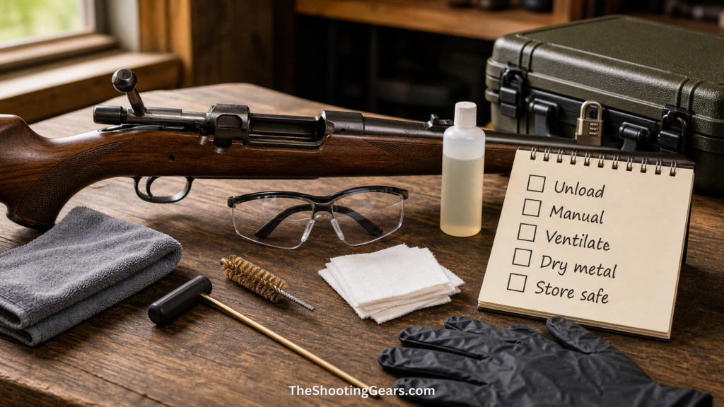 Hunting rifle maintenance checklist with an unloaded rifle, cleaning tools, safety glasses, and secure storage reminder