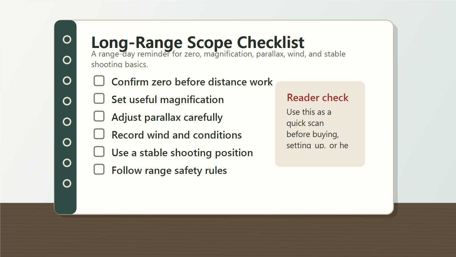 Long-range scope checklist covering zero confirmation, magnification, parallax, wind conditions, stable position, and range safety