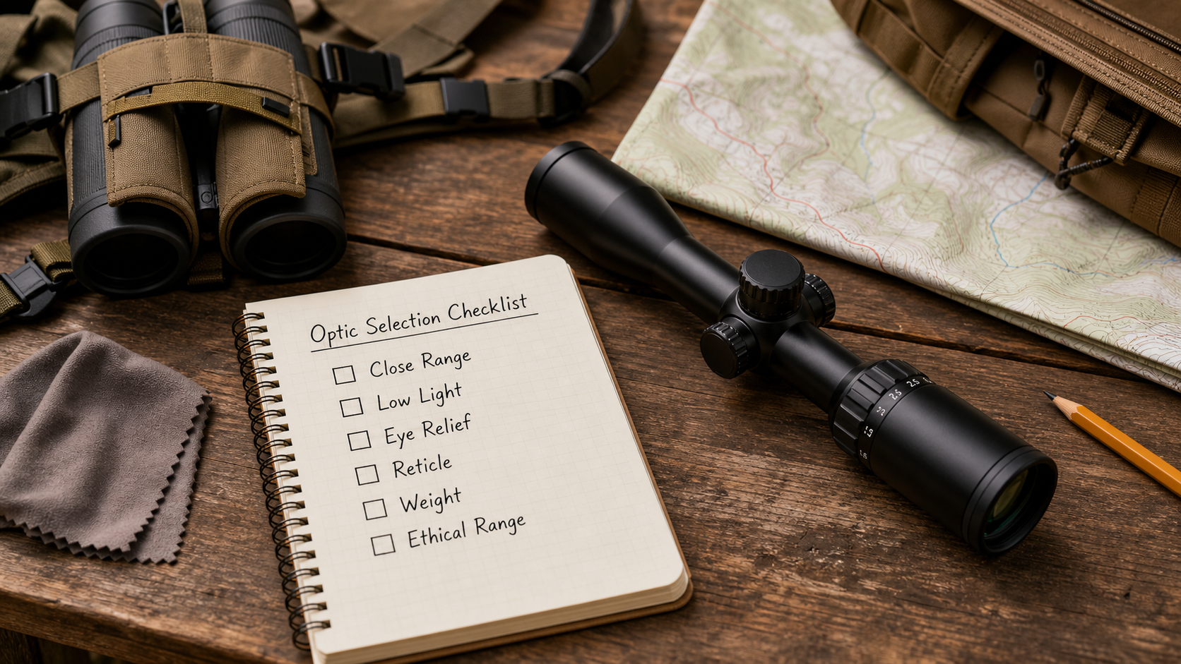 LPVO hunting selection checklist with close range low light eye relief reticle weight and ethical range
