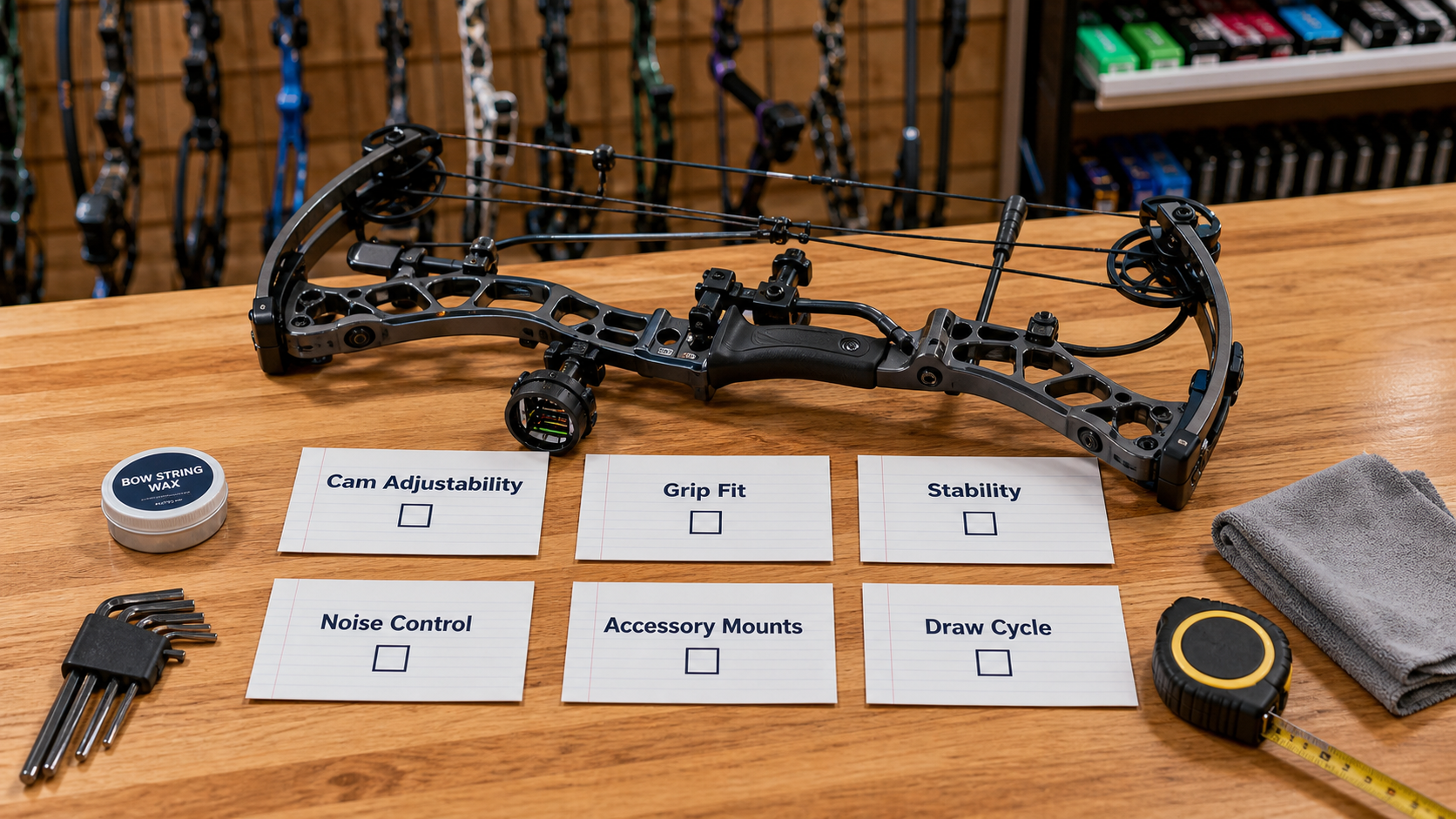 Modern compound bow technology checklist showing cam adjustability grip fit stability noise control accessory mounts and draw cycle