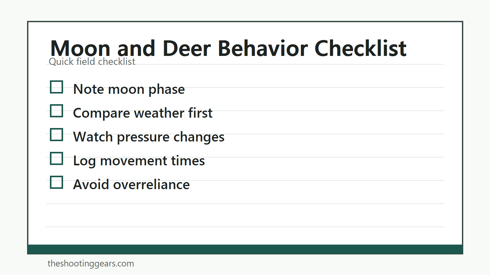 Checklist for observing moon phase, deer movement, weather, pressure, and field notes
