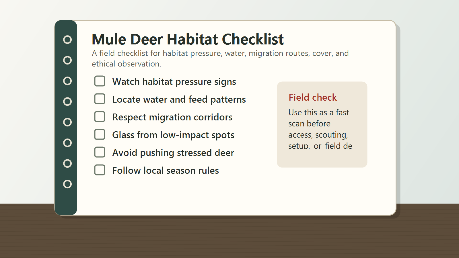 Mule deer habitat checklist covering habitat pressure, water, feed patterns, migration corridors, low-impact glassing, stressed deer, and season rules