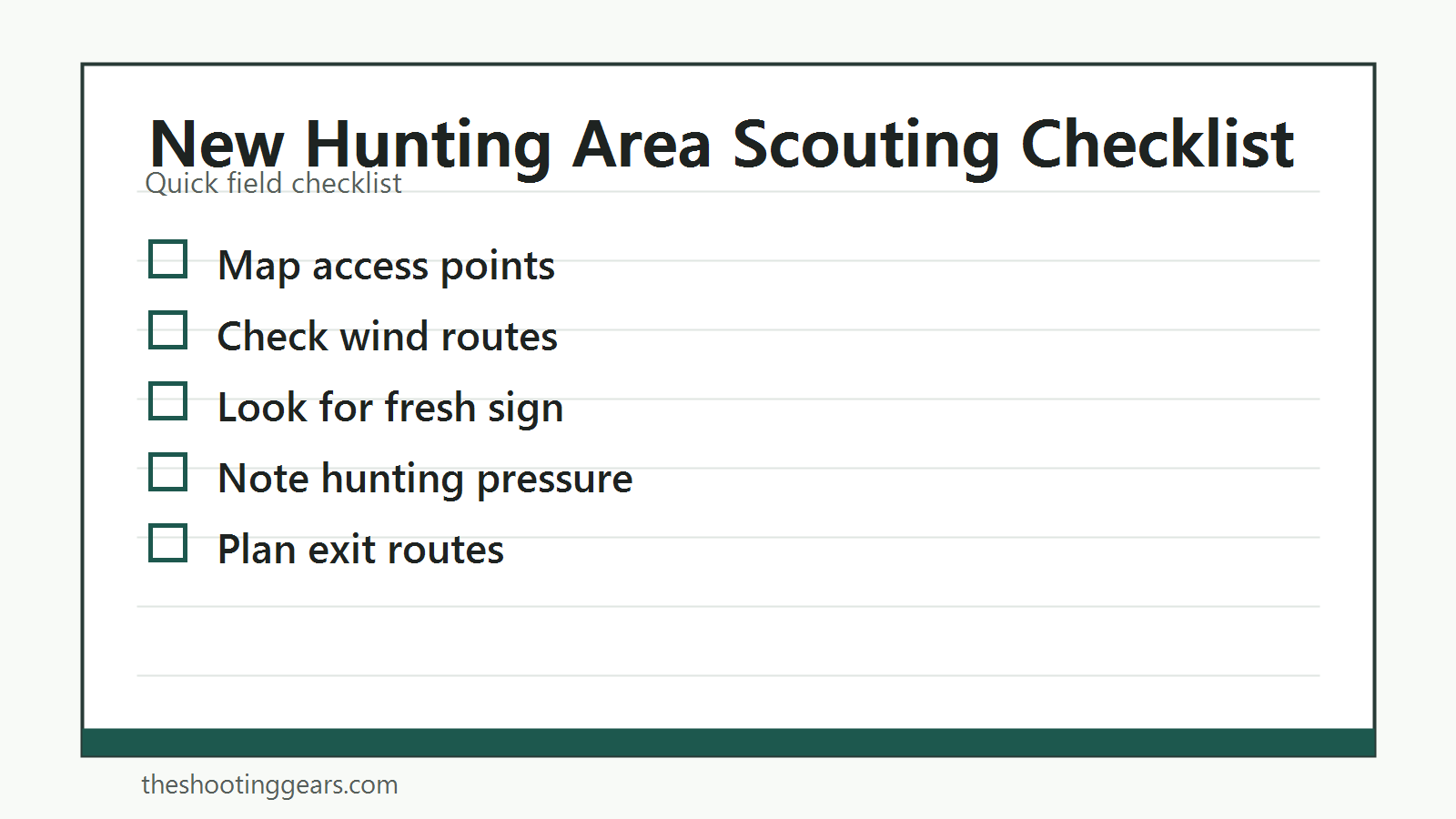 Checklist for scouting a new hunting area, access points, wind, terrain, sign, and pressure