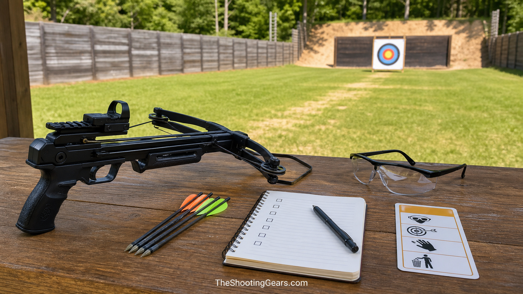 Pistol crossbow target shooting safety checklist with unloaded setup clear backstop eye protection bolts and notebook