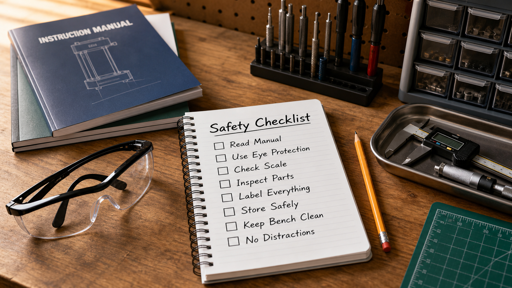 Reloading safety checklist with manual data eye protection scale check case inspection labels storage and no distractions