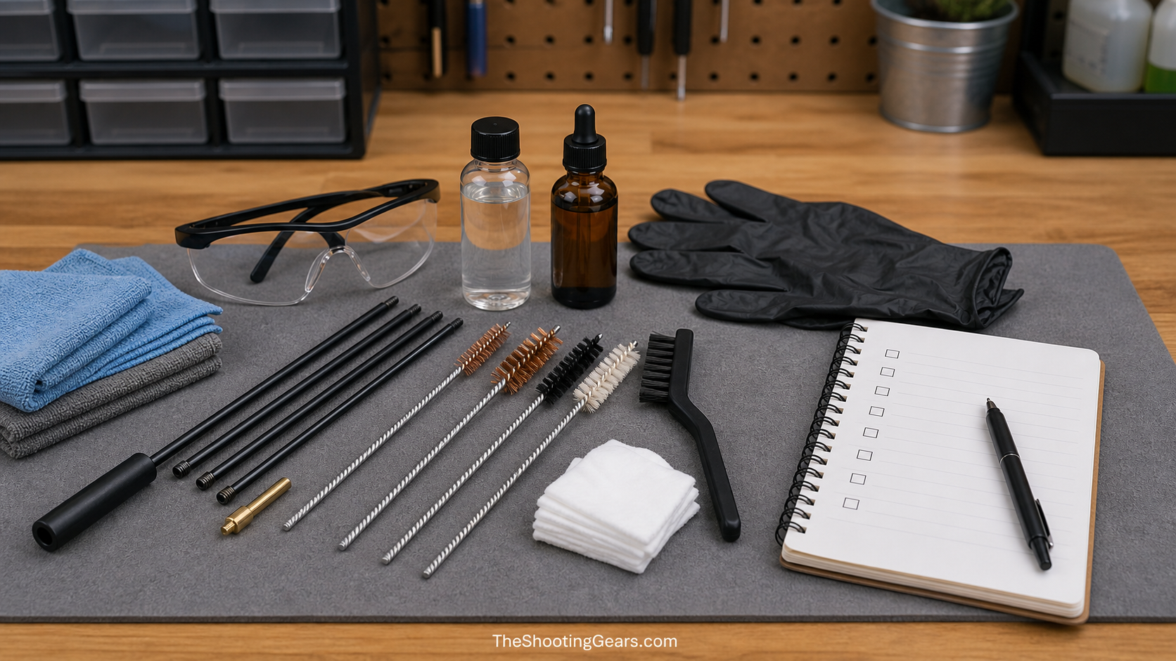 Beginner rifle cleaning checklist with cleaning rod bore brushes patches solvent oil gloves safety glasses and notebook