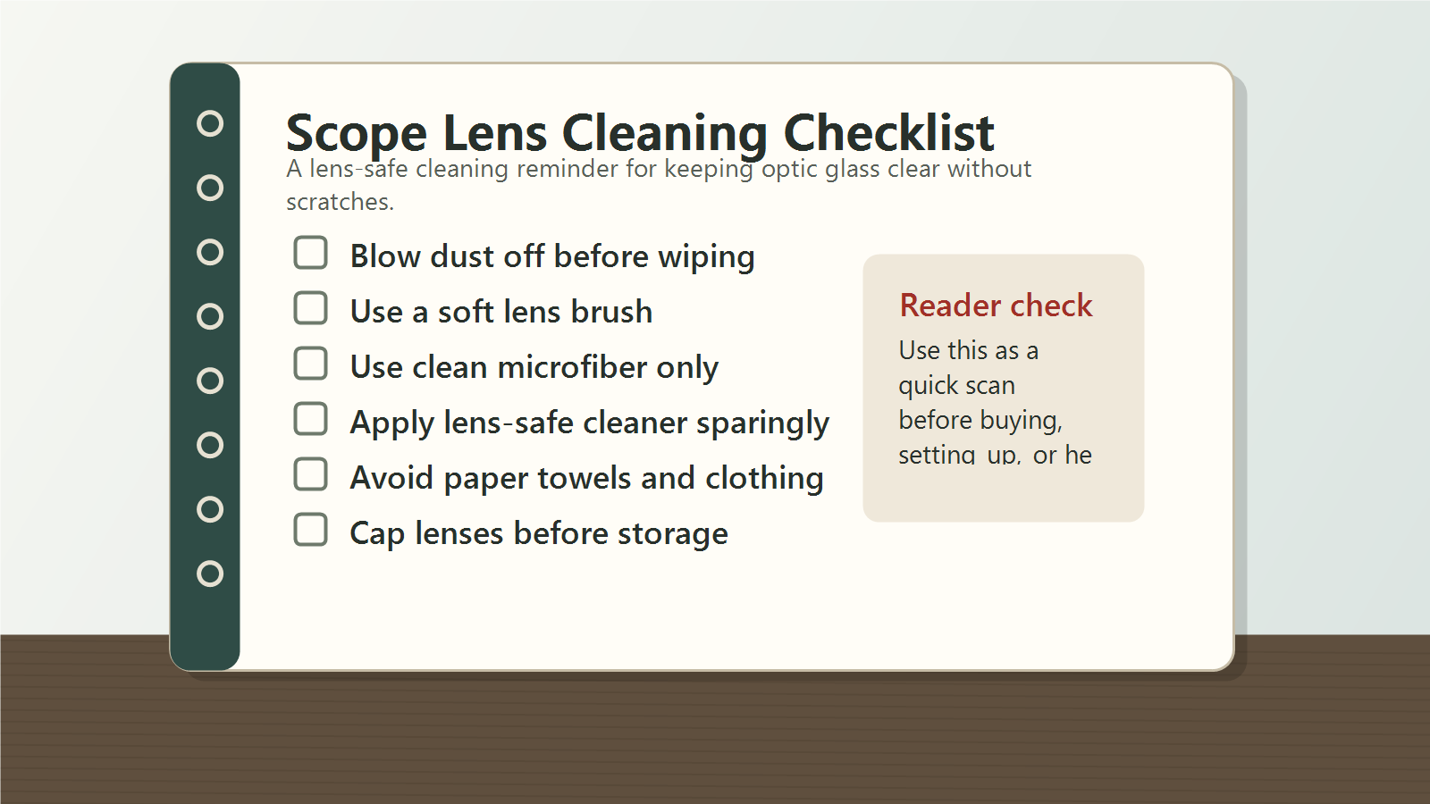 Rifle scope lens cleaning checklist with blower, lens brush, microfiber cloth, lens-safe cleaner, and storage cap reminders