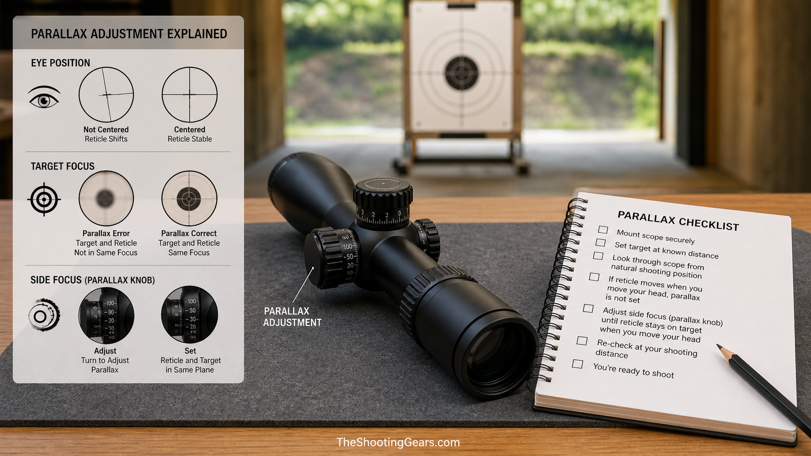 Rifle scope parallax adjustment checklist with scope target reticle eye position and side focus knob