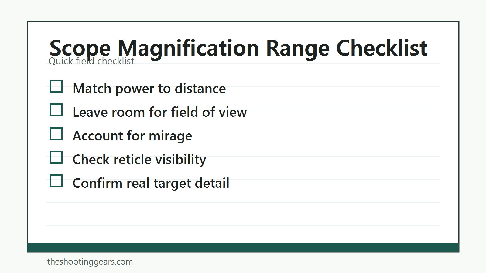 Checklist for choosing scope magnification based on distance, target size, and field conditions