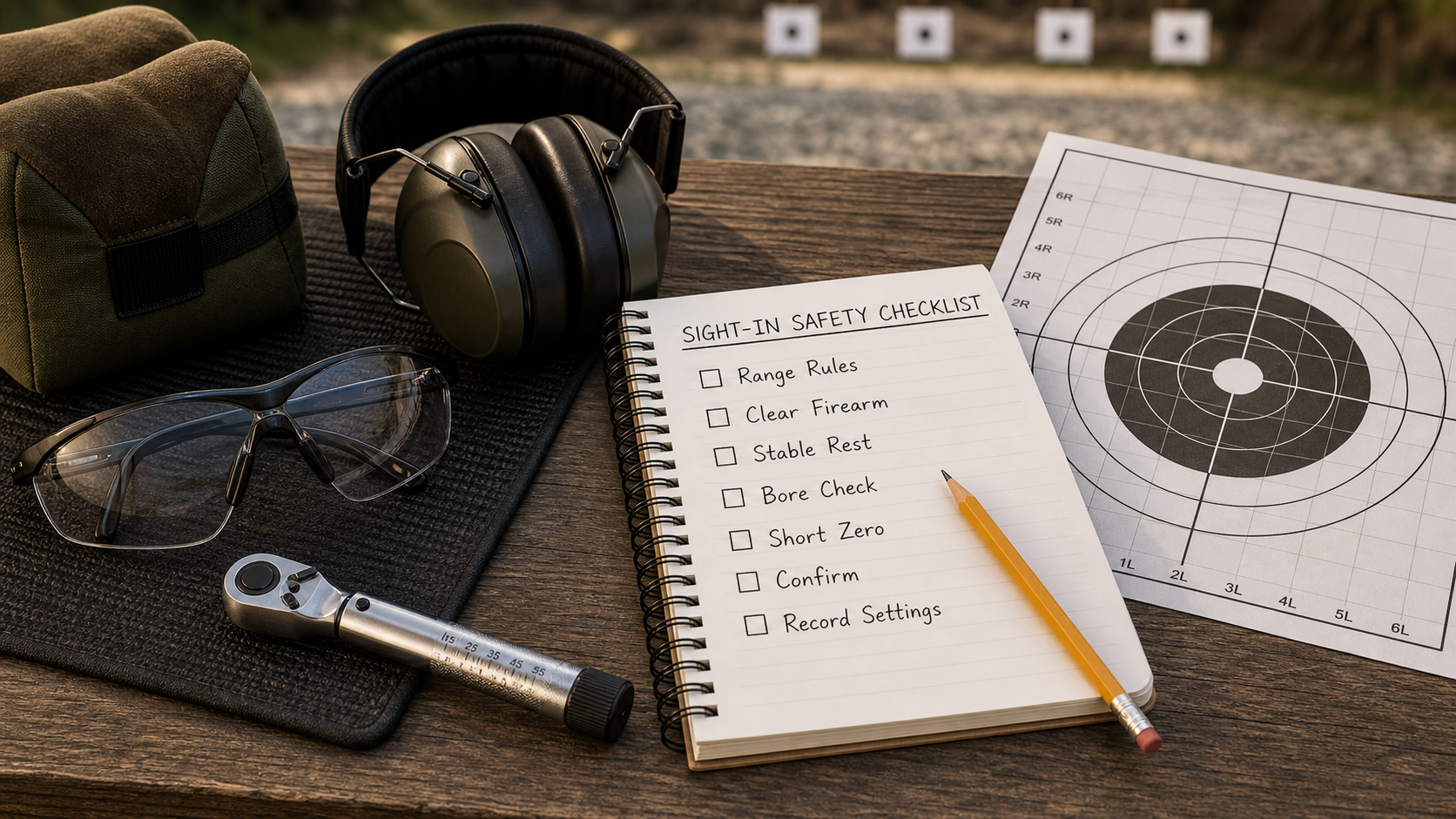 Rifle scope sight-in safety checklist with range rules clear firearm stable rest short zero confirm and record settings