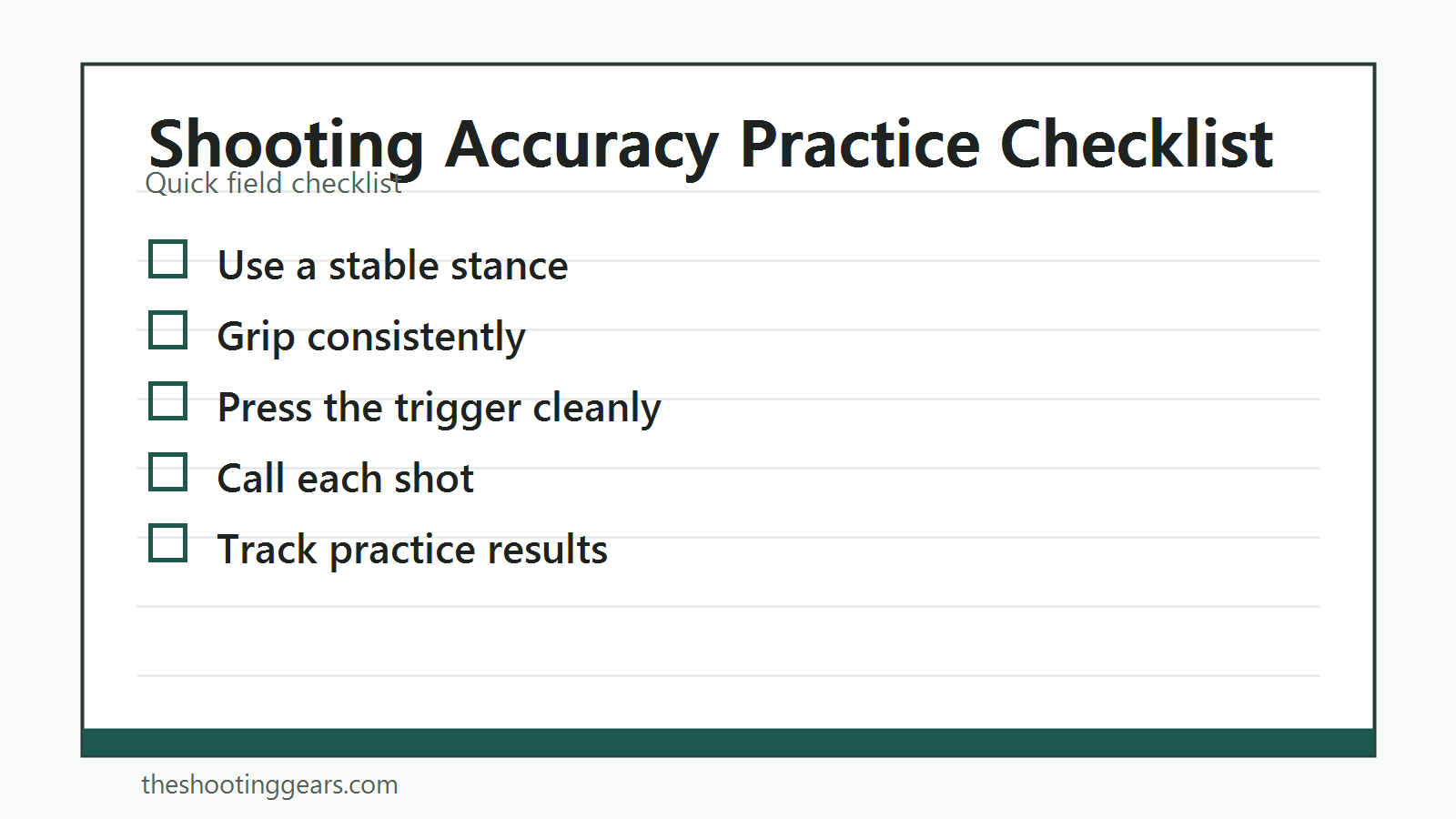 Checklist for improving shooting accuracy with stance, grip, trigger control, and practice notes