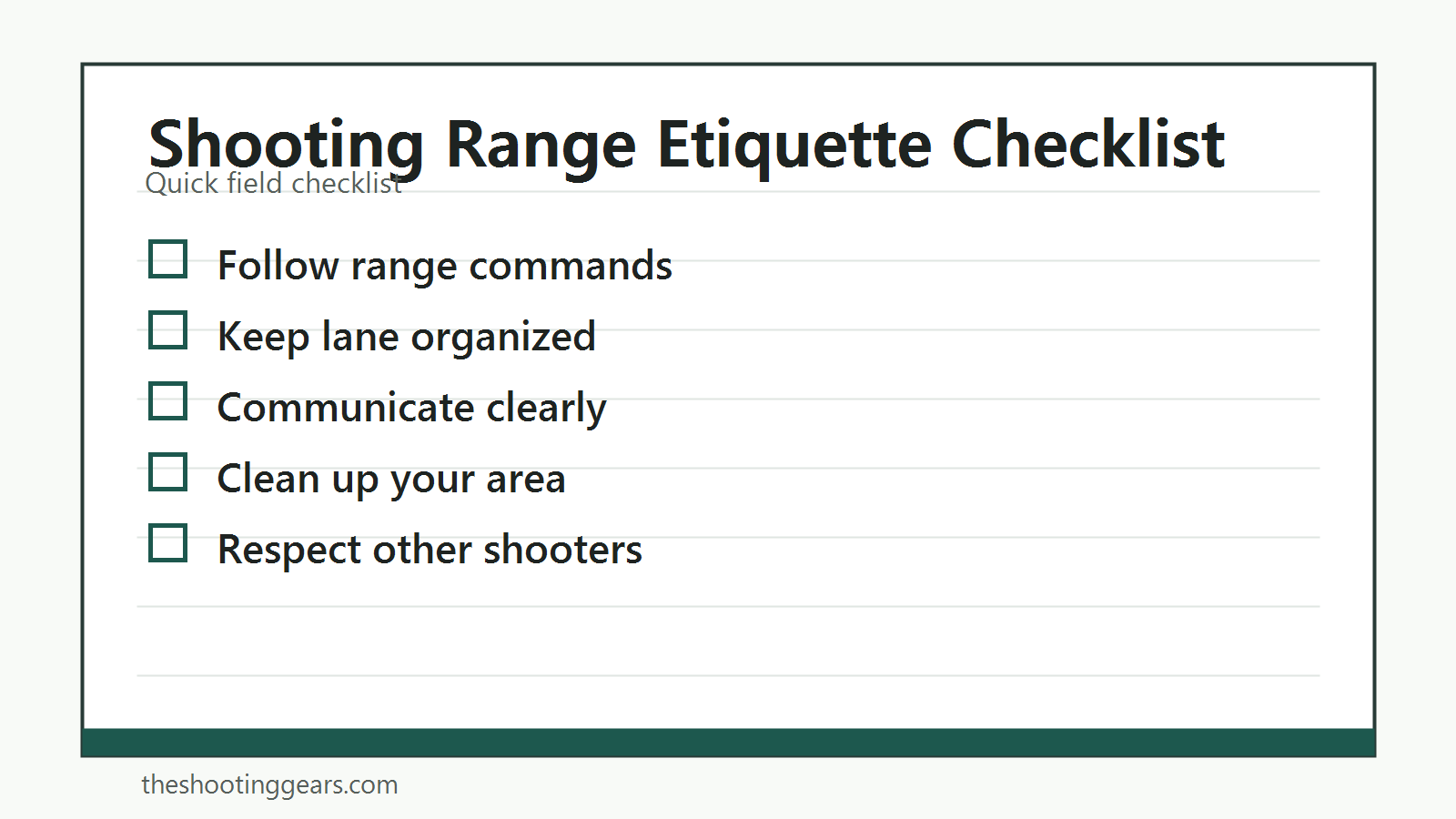 Checklist for shooting range etiquette, lane safety, communication, cleanup, and courtesy