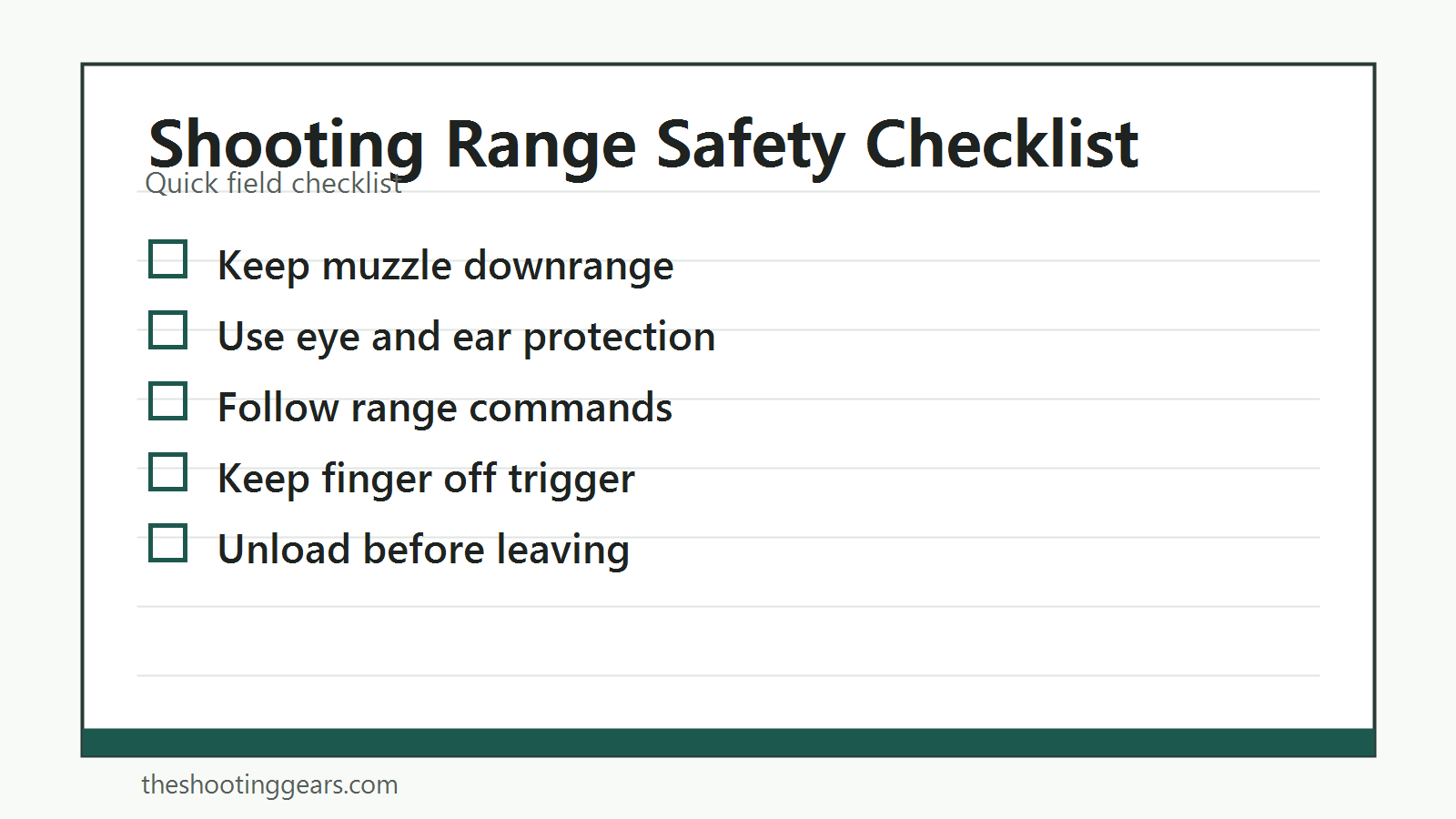 Checklist for shooting range safety rules, muzzle control, eye protection, and range commands