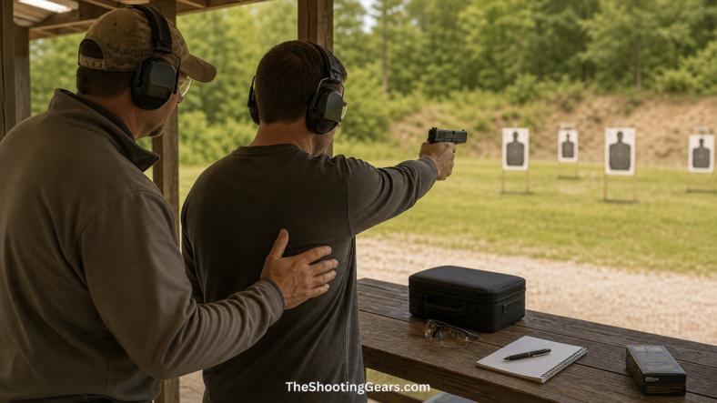Shooter practicing non-dominant-hand fundamentals safely at an outdoor range with instructor supervision