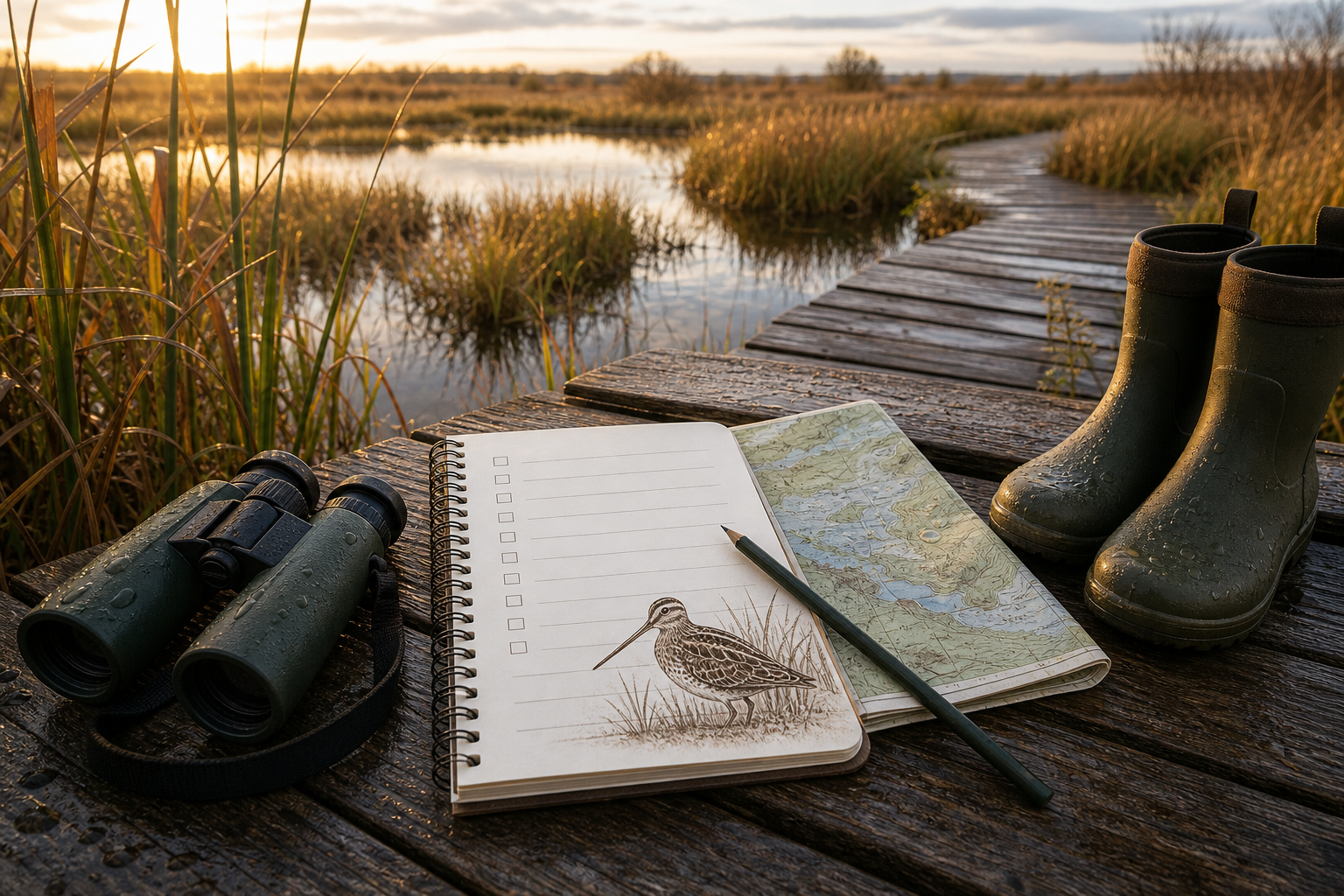 Snipe hunting wetland checklist with binoculars map boots and marsh habitat notes
