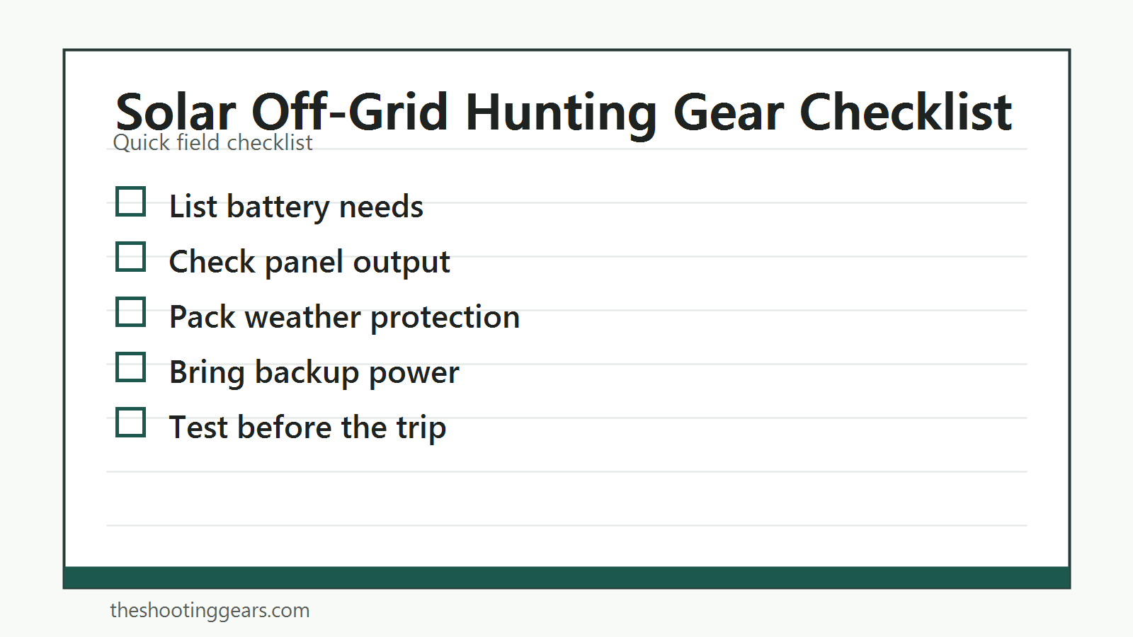 Checklist for solar-powered hunting gear, charging needs, and off-grid readiness