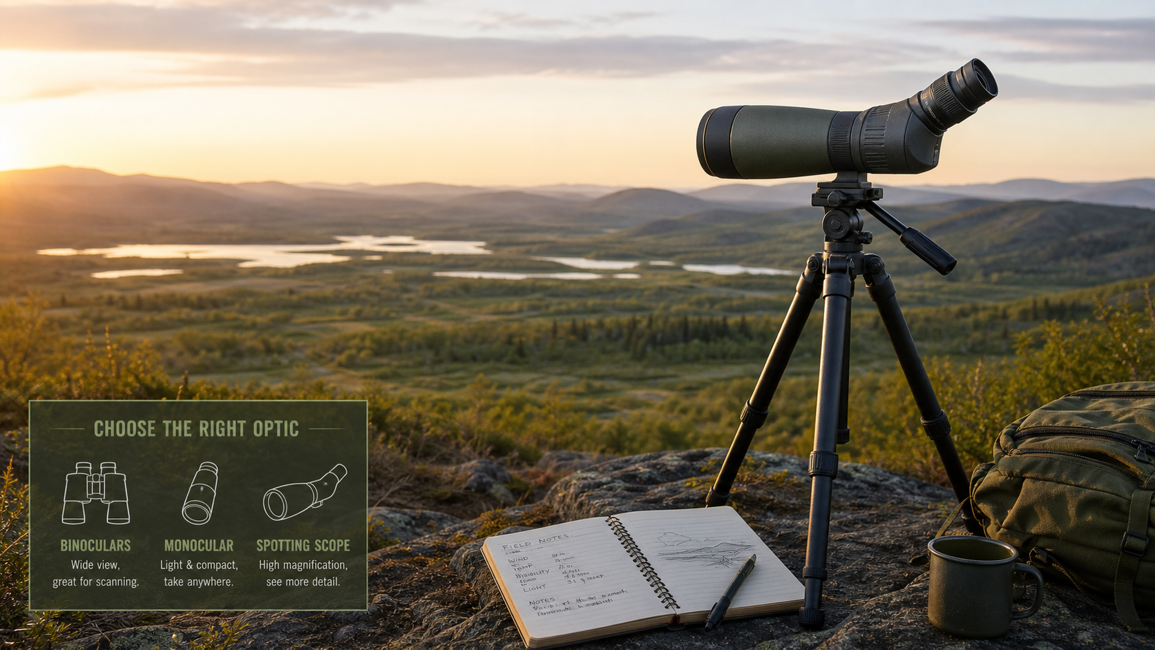 Spotting scope on tripod overlooking distant terrain with binocular and monocular comparison notes