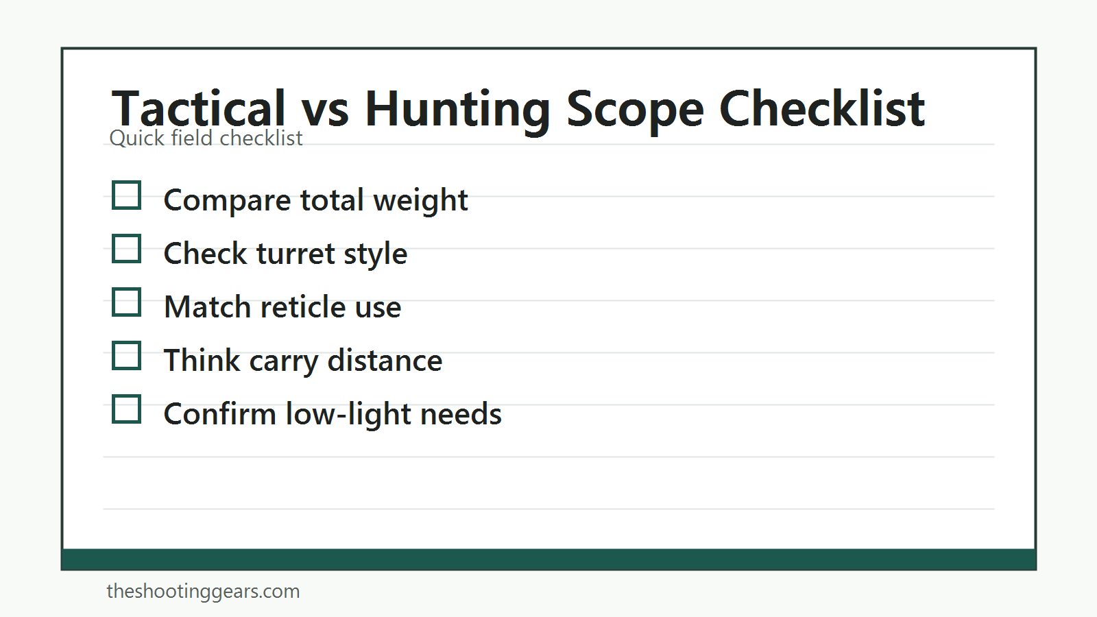 Checklist comparing tactical and hunting scopes by weight, turrets, reticle, and field use