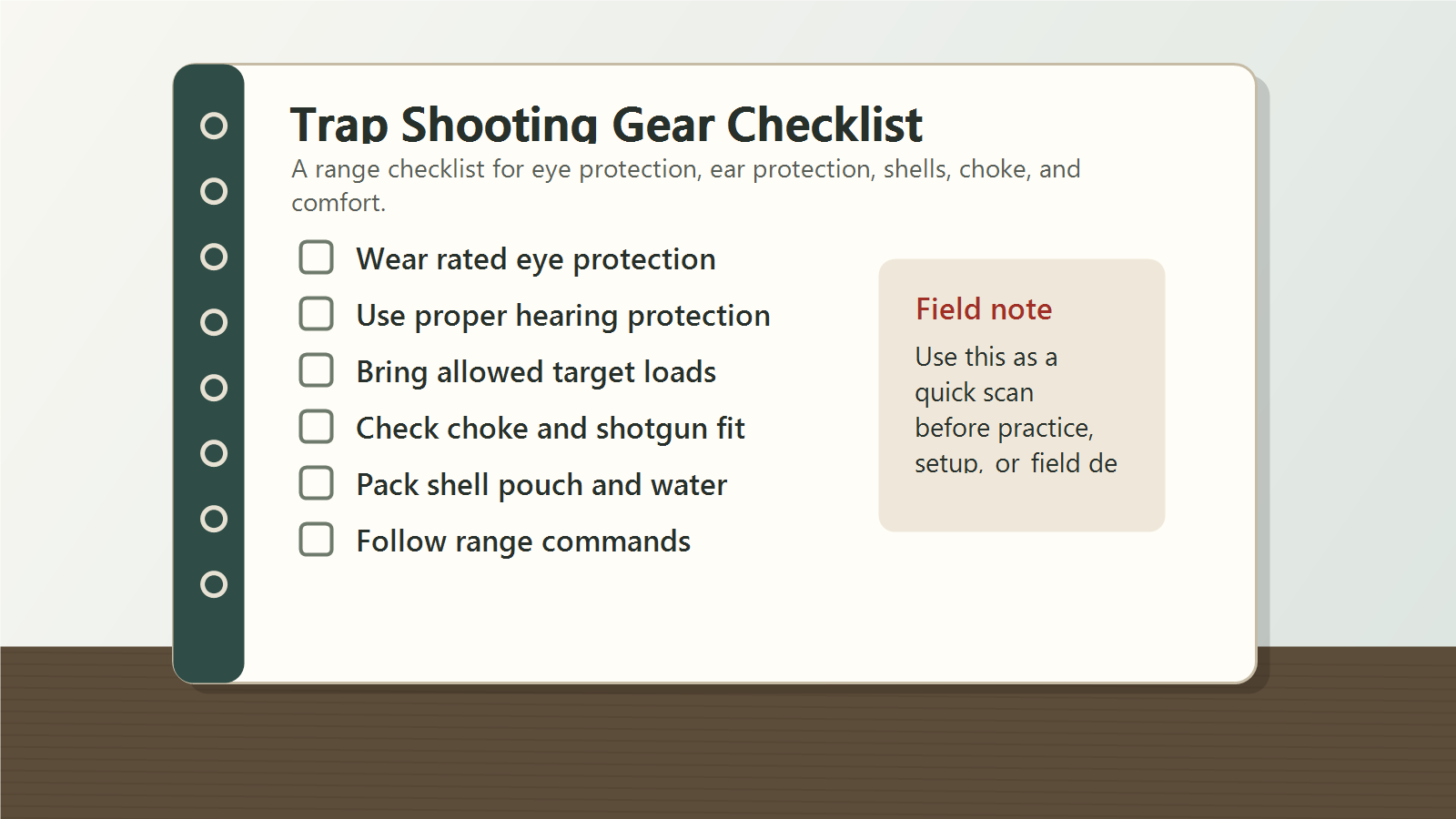 Trap shooting gear checklist covering eye protection, hearing protection, target loads, choke, shotgun fit, shell pouch, water, and range commands