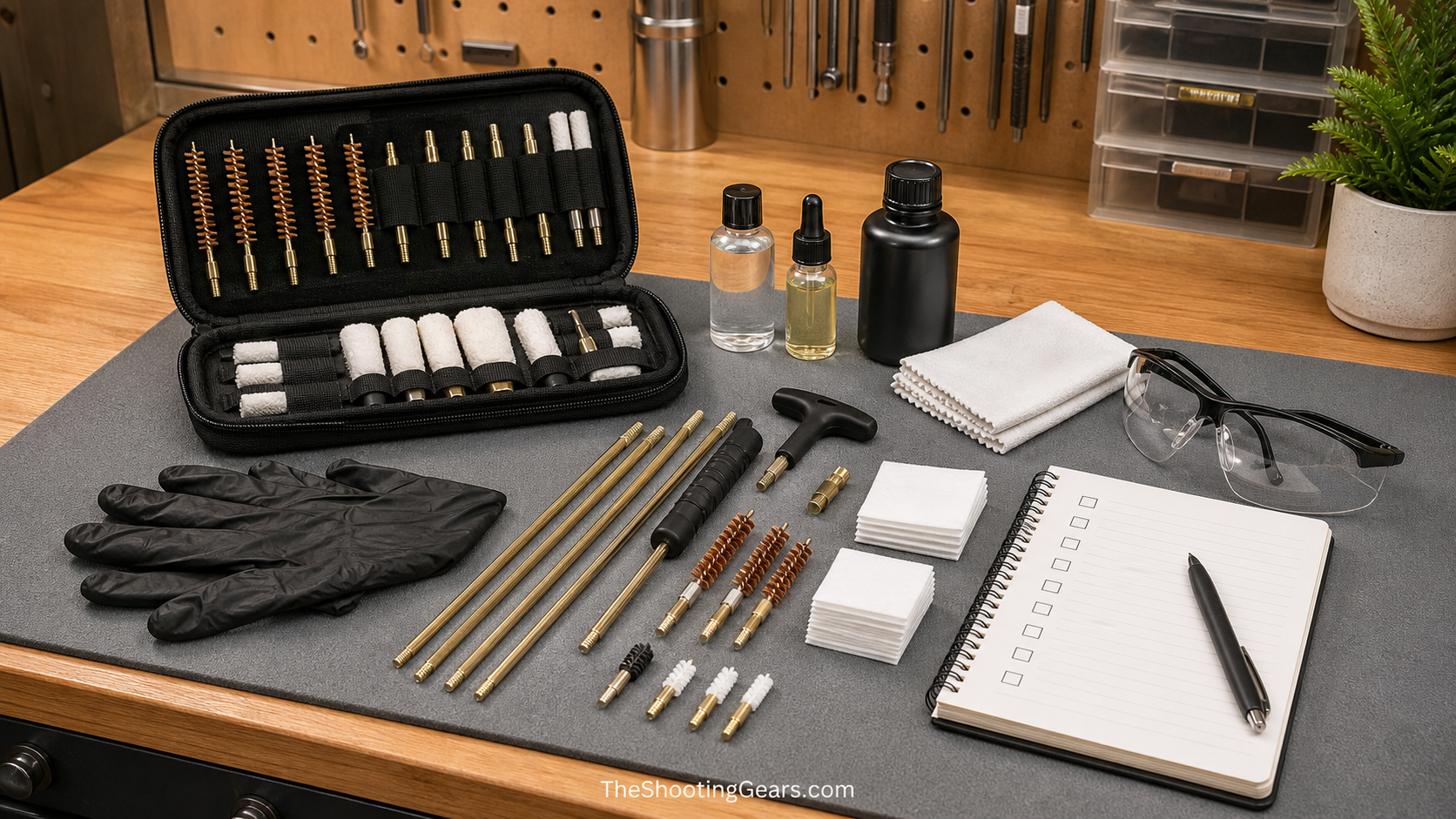 Universal gun cleaning kit checklist with rods brushes patches solvent oil gloves safety glasses and notebook