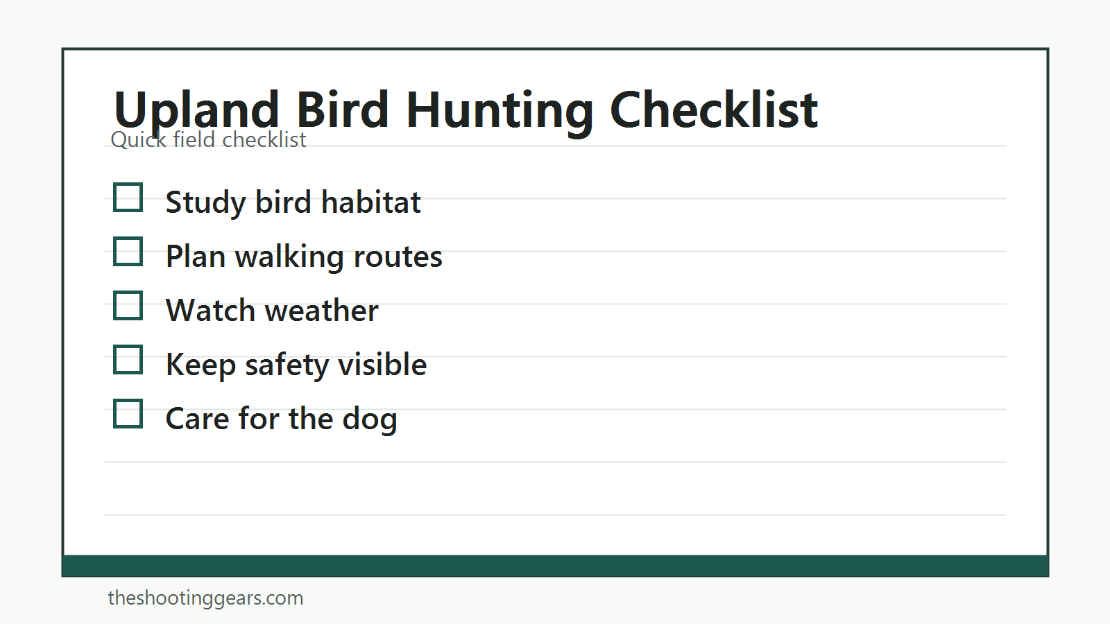 Checklist for upland bird hunting preparation including habitat, weather, walking plan, safety, and dog care