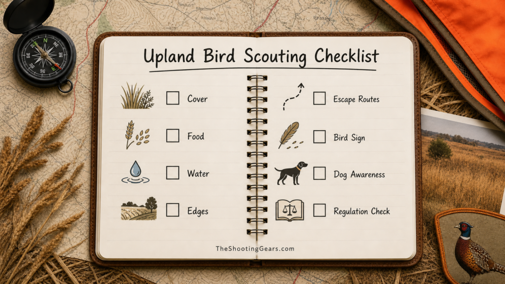 Upland bird scouting checklist showing cover, food, water, edges, escape routes, bird sign, dog awareness, and regulation checks