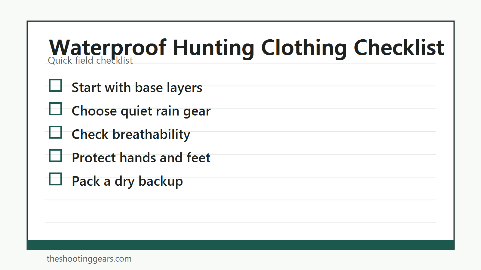 Checklist for waterproof hunting clothing layers, rain protection, breathability, and field comfort