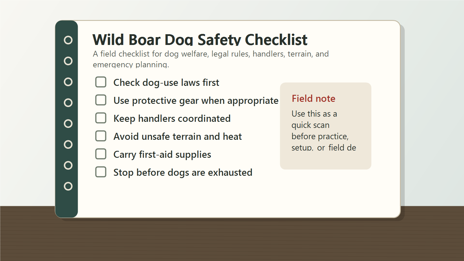 Wild boar hunting dog safety checklist covering dog-use laws, protective gear, handler coordination, terrain, heat, first aid, and dog fatigue