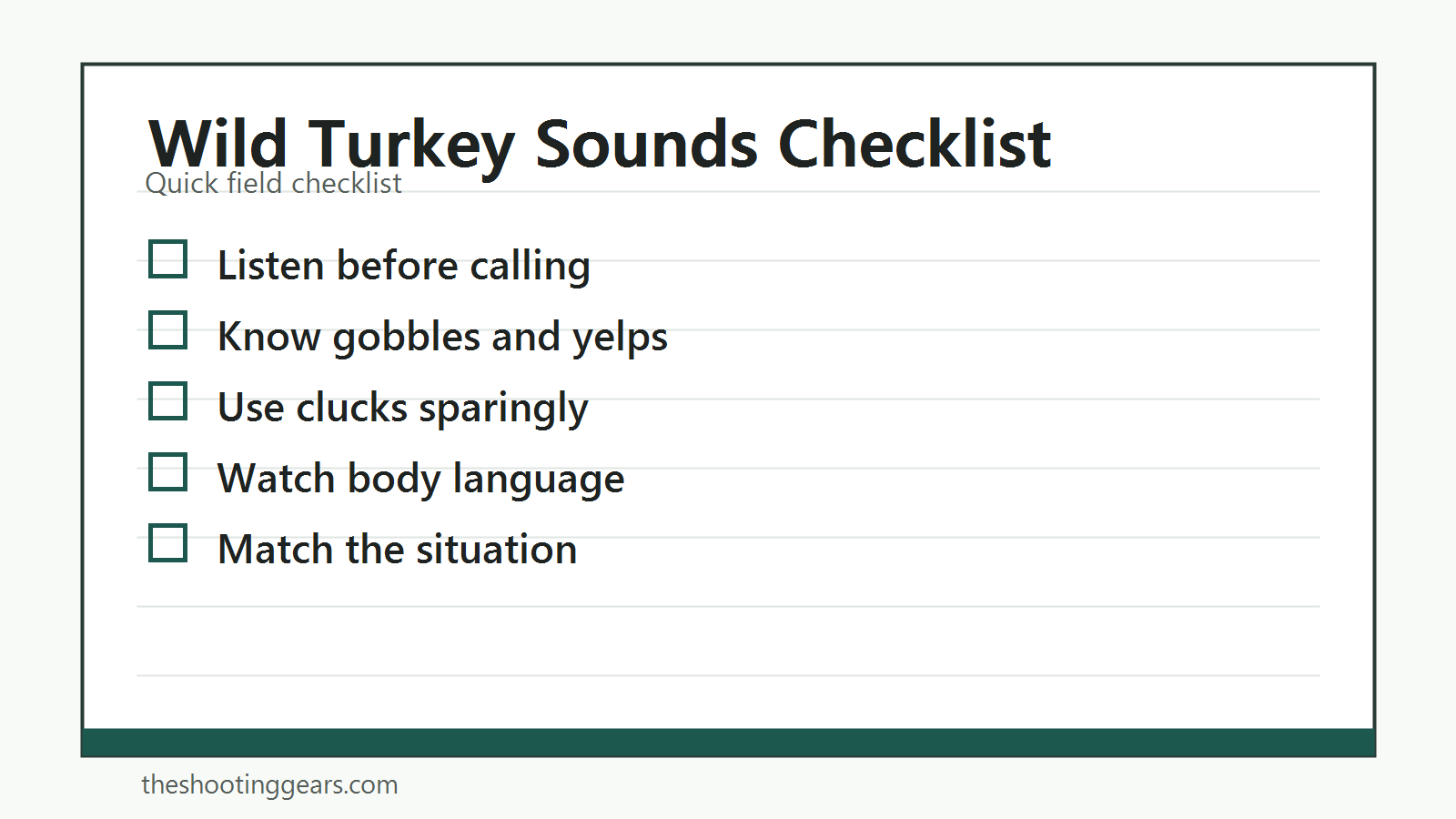 Checklist for identifying wild turkey sounds, gobbles, yelps, clucks, purrs, and field context