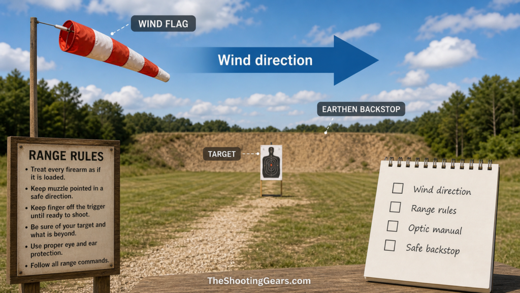 Simple wind direction diagram with range flag, target, and safe backstop