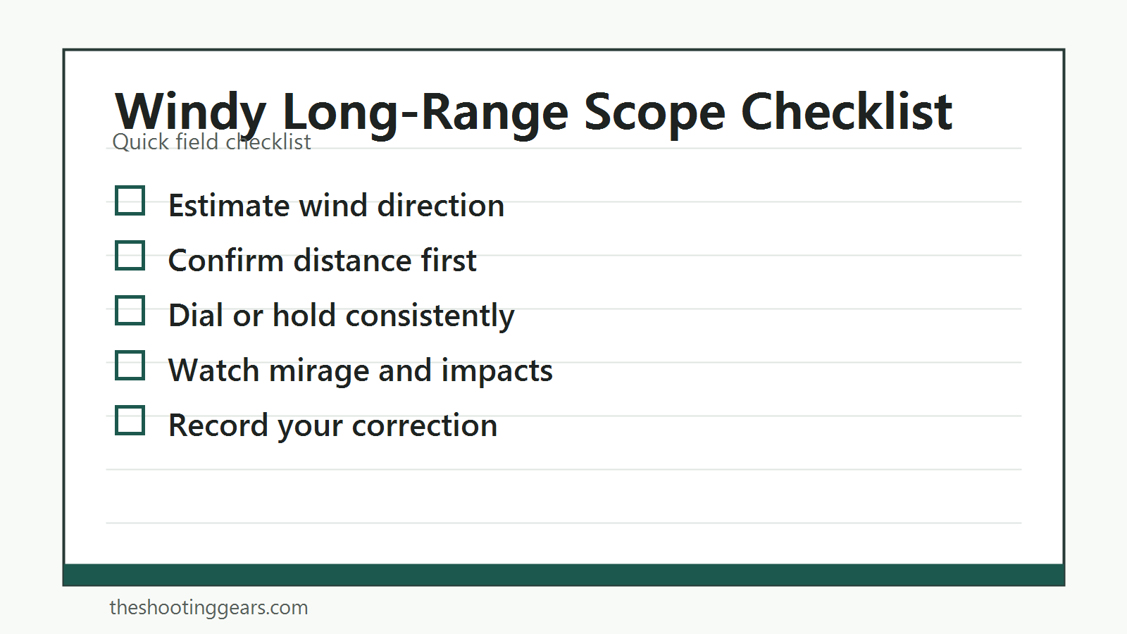 Checklist for long-range scope settings in windy conditions, including wind calls and turret checks