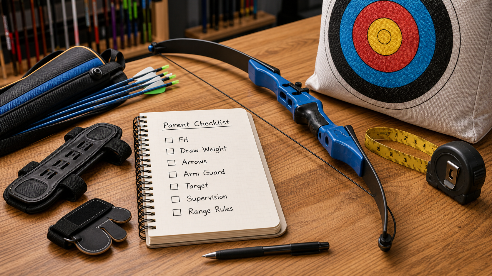Youth archery parent checklist with fit draw weight arrows arm guard target supervision and range rules