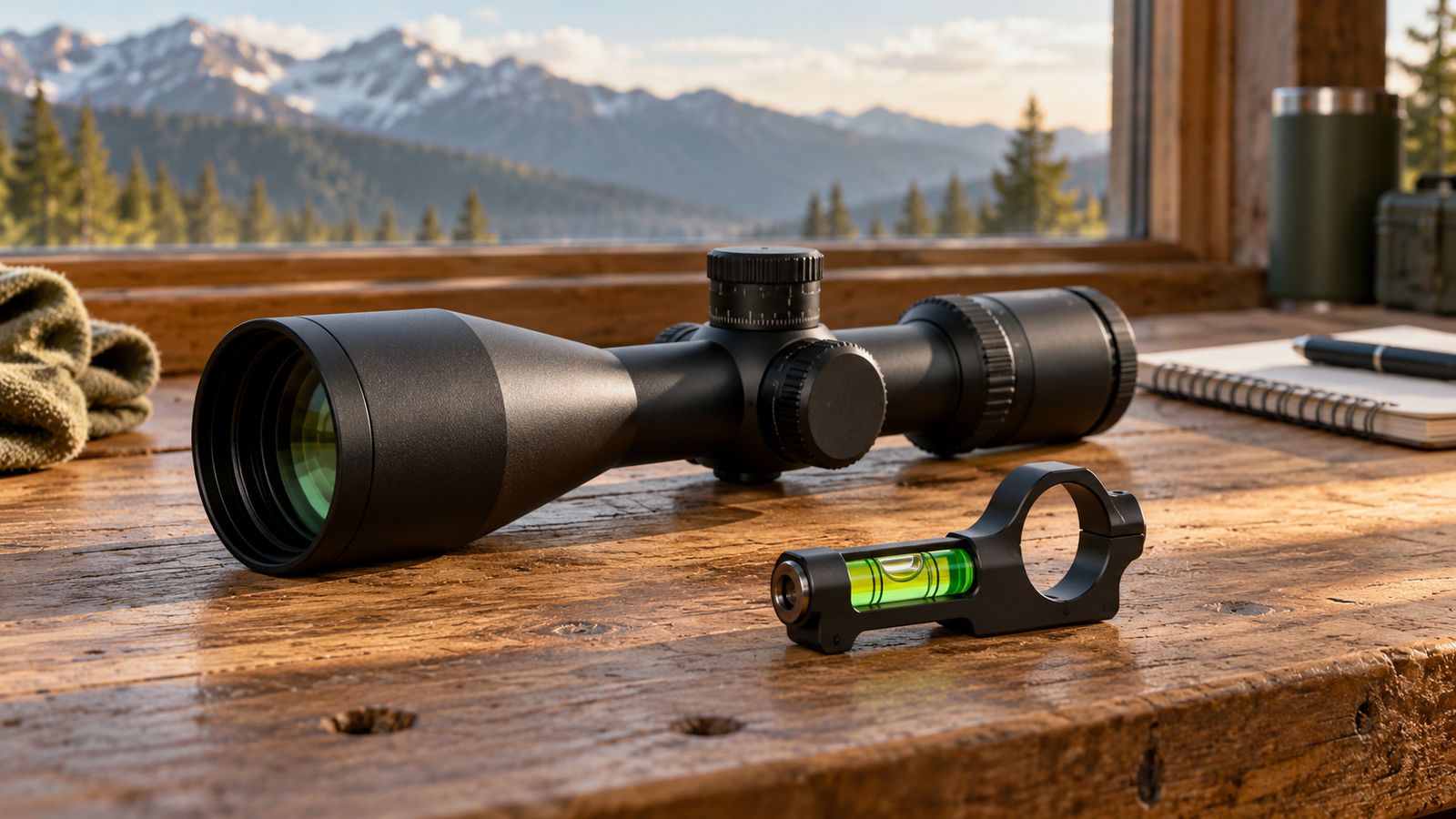 Bubble level accessory and telescopic optic on a wooden workbench