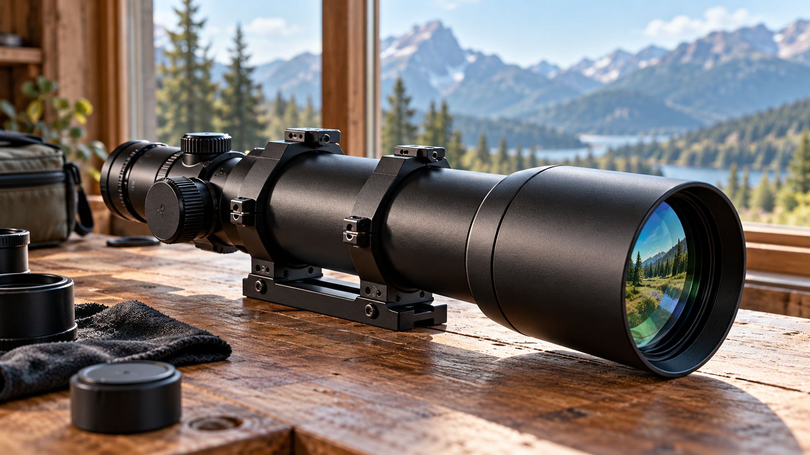 Black telescopic optic with mounting rings on a wooden table near a mountain window