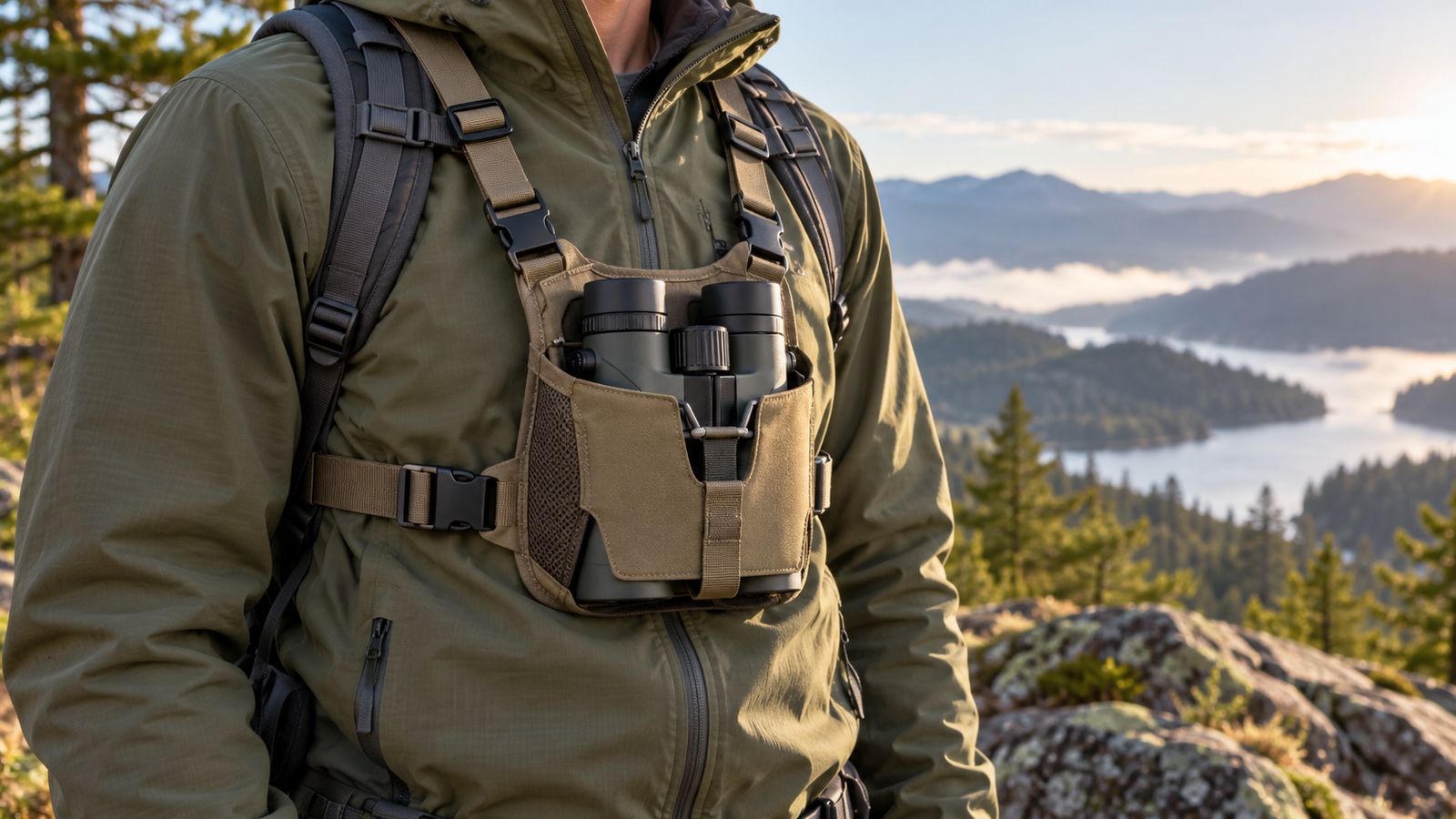 Binoculars carried in a chest harness over an outdoor jacket on a mountain ridge