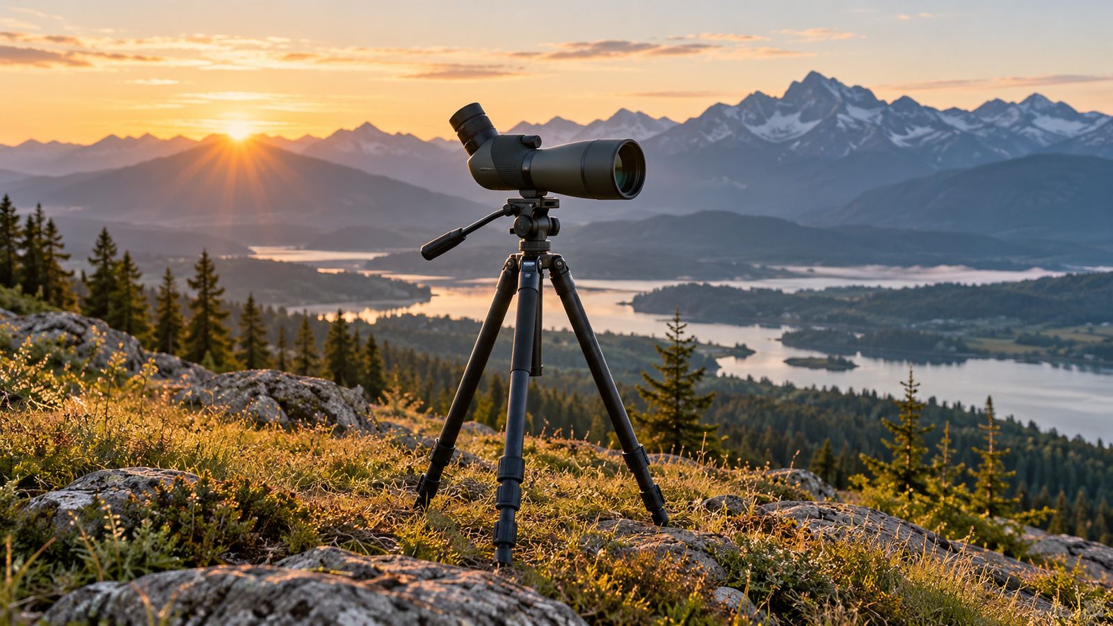 Spotting scope mounted on a field tripod at a mountain overlook