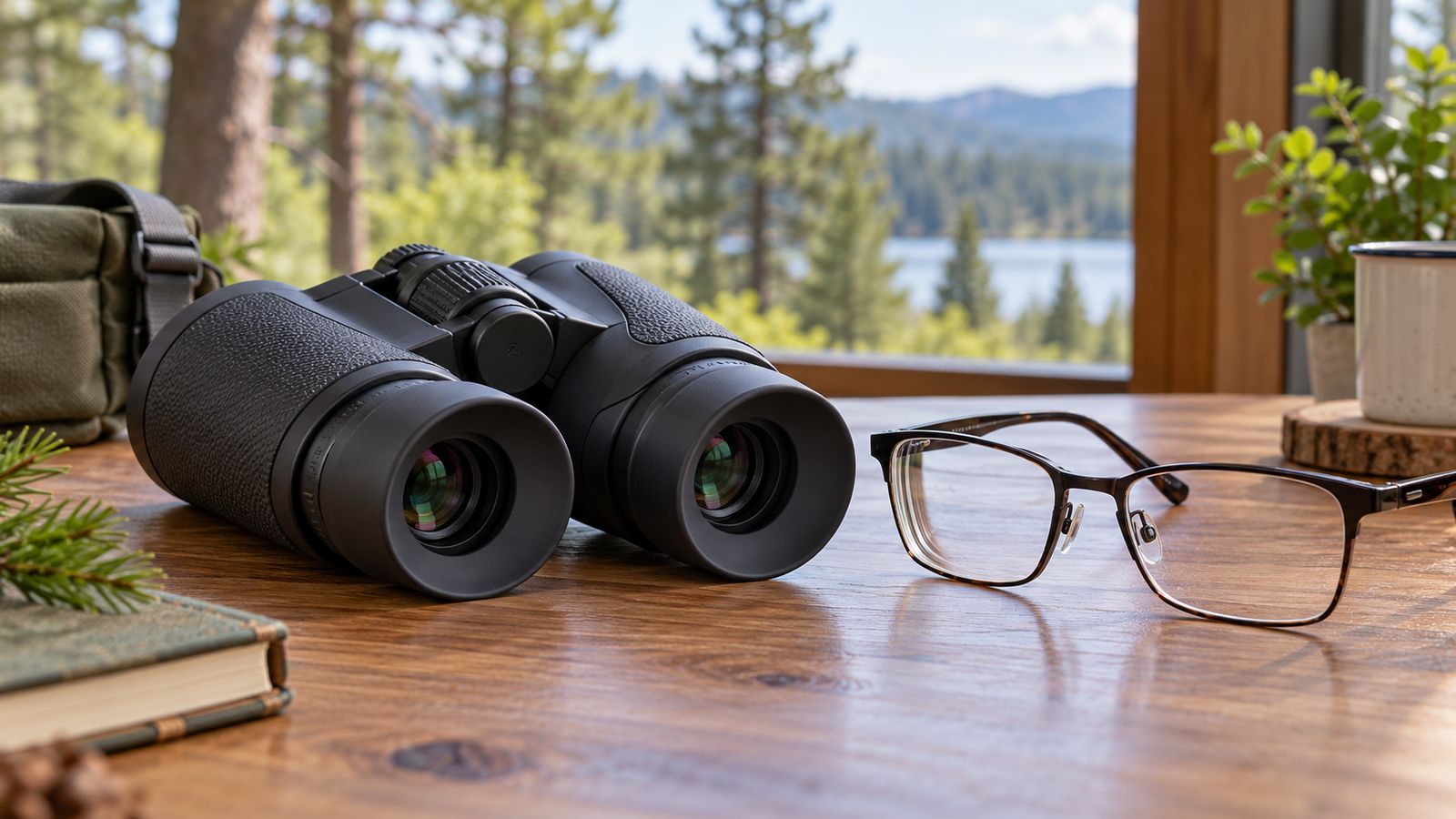 Black binoculars beside prescription eyeglasses on a wooden table