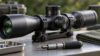 Close-up of a black rifle scope adjustment turret and mounting rings on a workbench