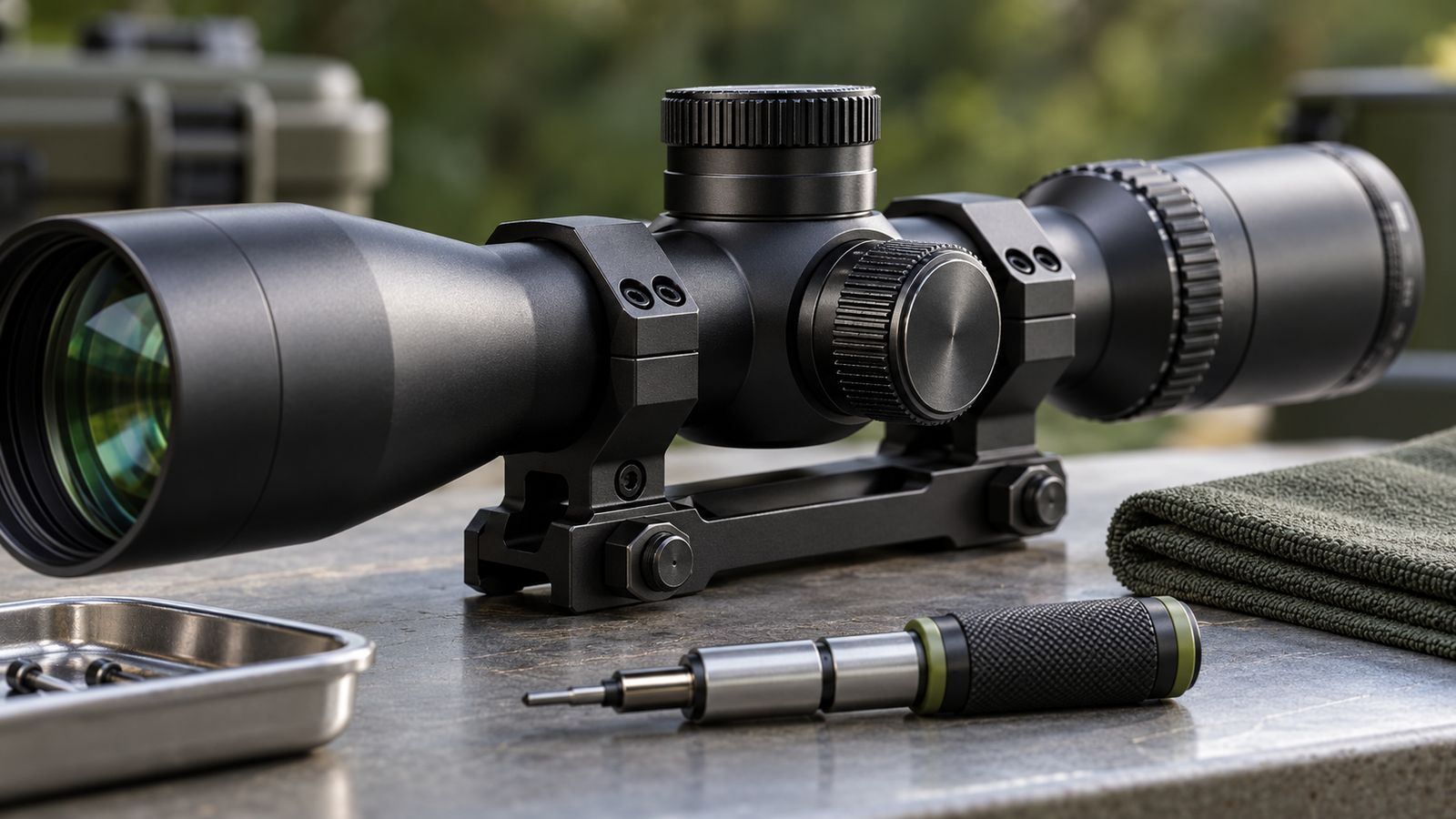 Close-up of a black rifle scope adjustment turret and mounting rings on a workbench
